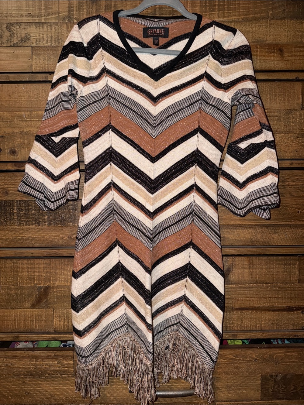 Shyanne Chevron Fringe Knit Dress in Black, Brown & Cream
